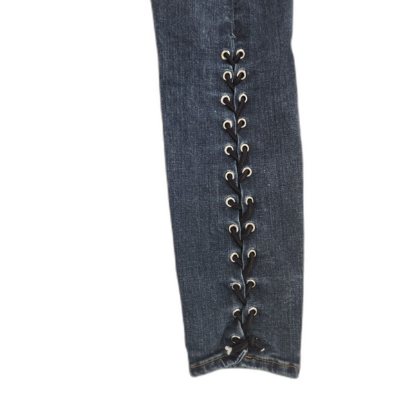 Good American Good Legs Lace-Up Jeans 6/28 Medium Wash Distressed Flaws - Picture 3 of 10